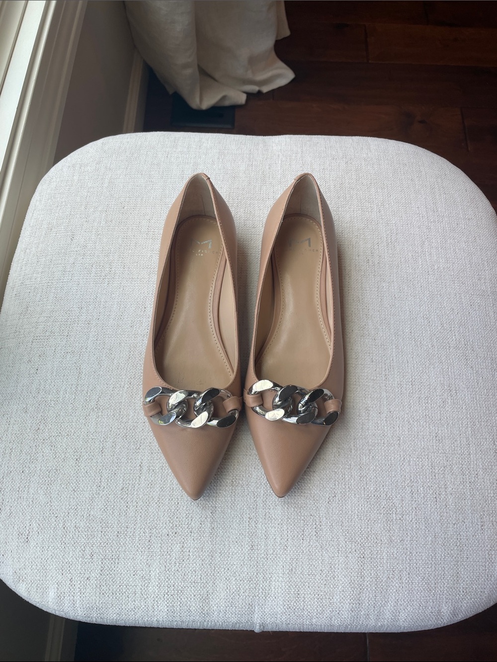 Marc Fisher Nude Pointed-Toe Flats with Silver Chain